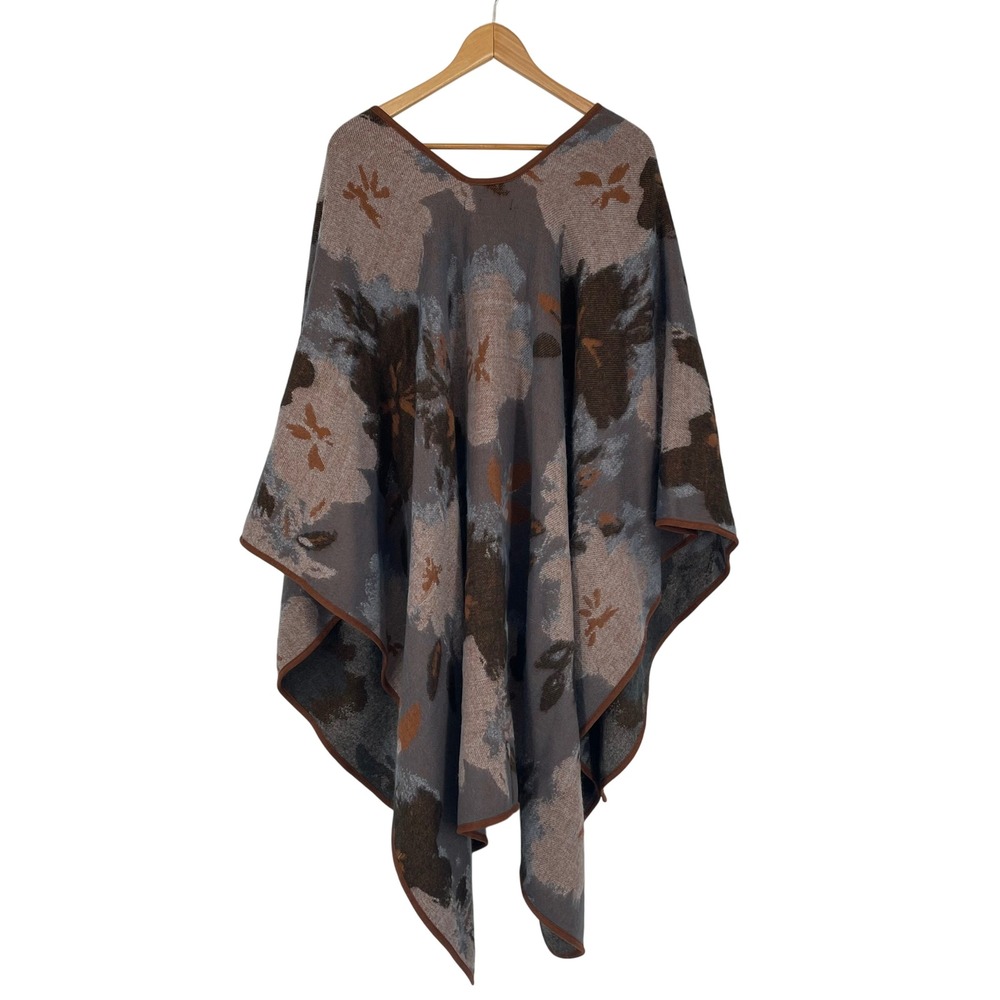 Andrew Marc Womens Brown Gray‎ Floral Print Buckle Closure Poncho Cape Neutral